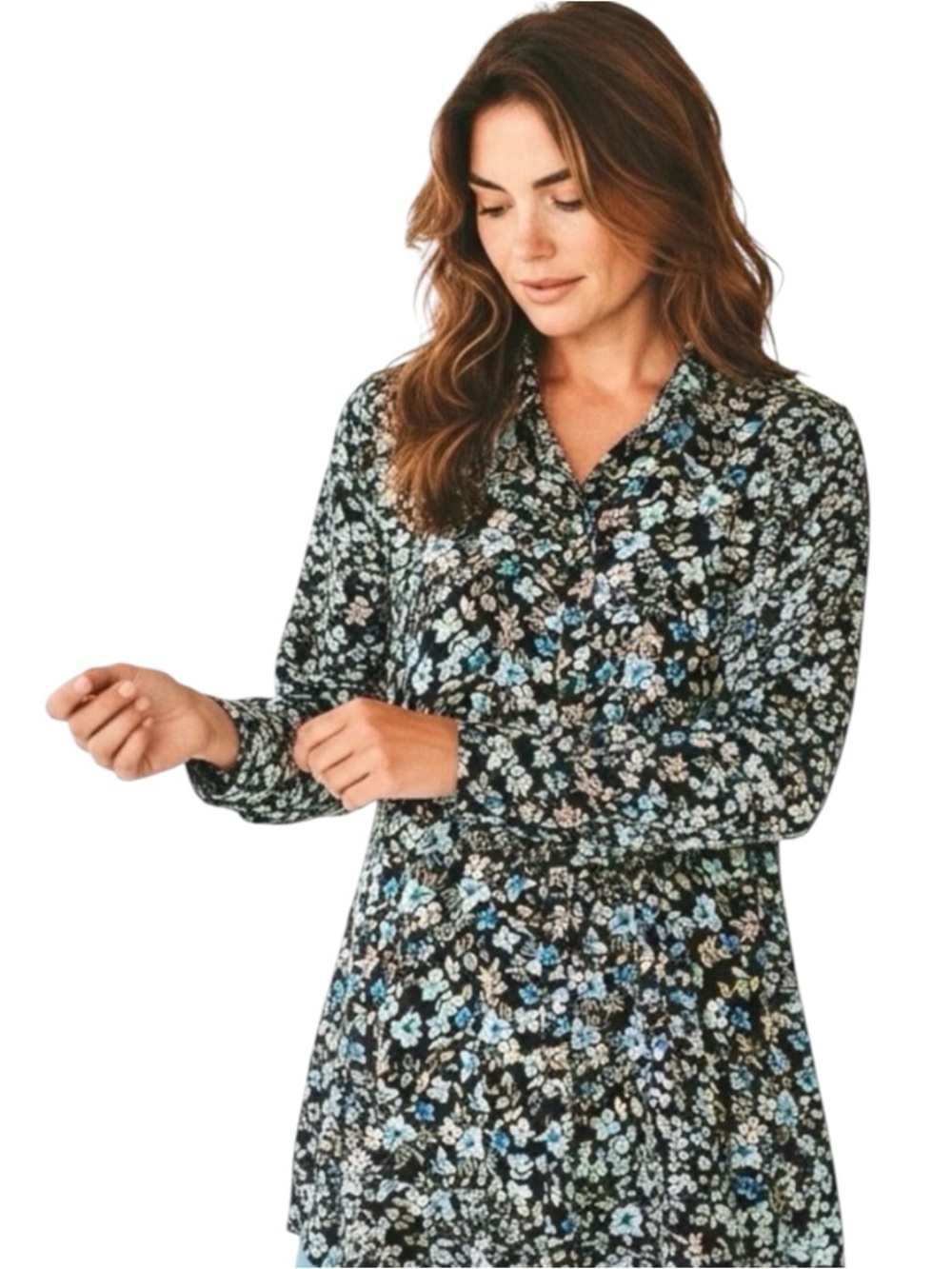 J. Jill Sz PETITE LARGE LP Blue Black Floral Layered Hem Button-Down Shirt